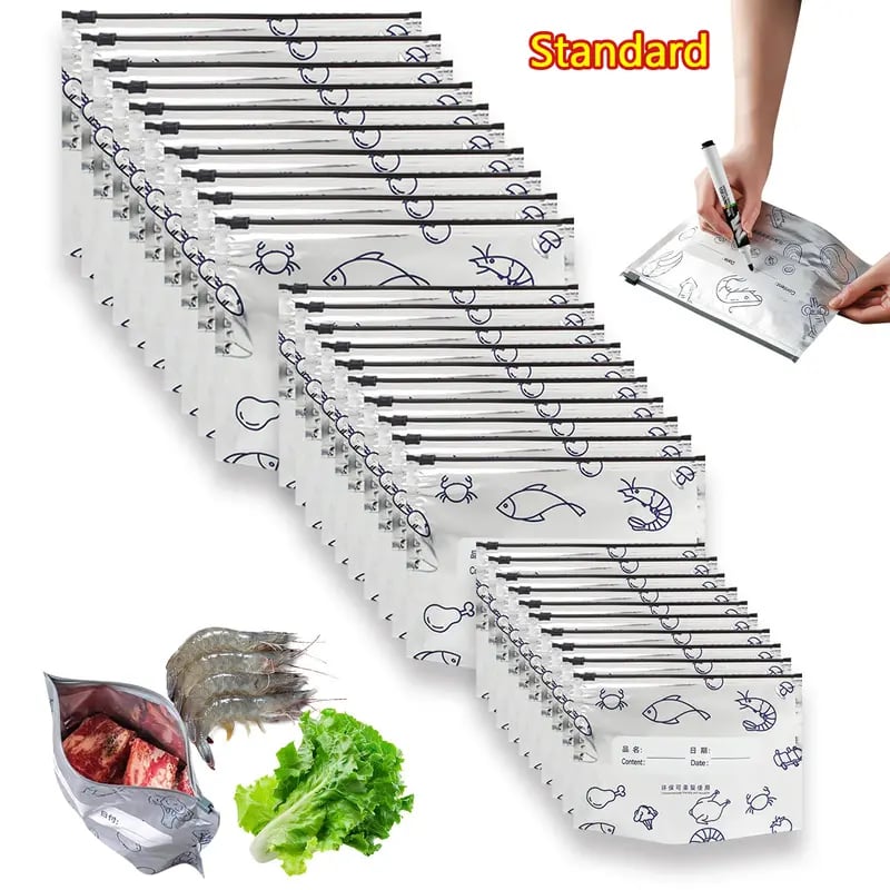 💥(Pack of 30) 2026 New Reusable Aluminum Foil Sealing Food Storage Bags with Labels and Zipper Closure, suitable for food preservation and longer storage.