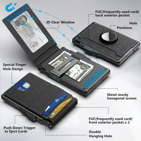 Wallet for Men - with Pop Up Aluminum Case Money Clip Slim Leather Slots Credit Card Holder RFID Blocking Bifold Minimalist Wallet
