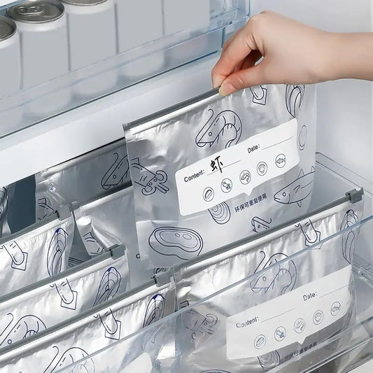 💥(Pack of 30) 2026 New Reusable Aluminum Foil Sealing Food Storage Bags with Labels and Zipper Closure, suitable for food preservation and longer storage.